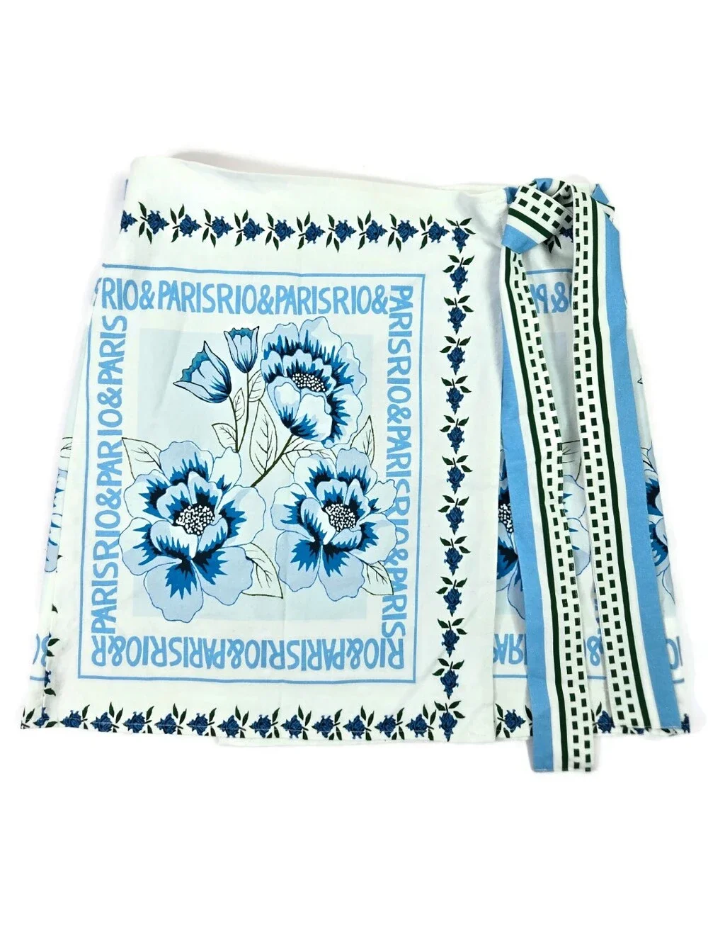 Unbranded Paris Rio Floral Scarf Print Cotton Wrap Mini Skirt Blue XS EUC